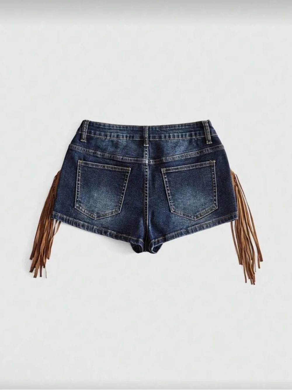 Dark Blue Stretch Denim Fringe Shorts with Brown Suede Pockets